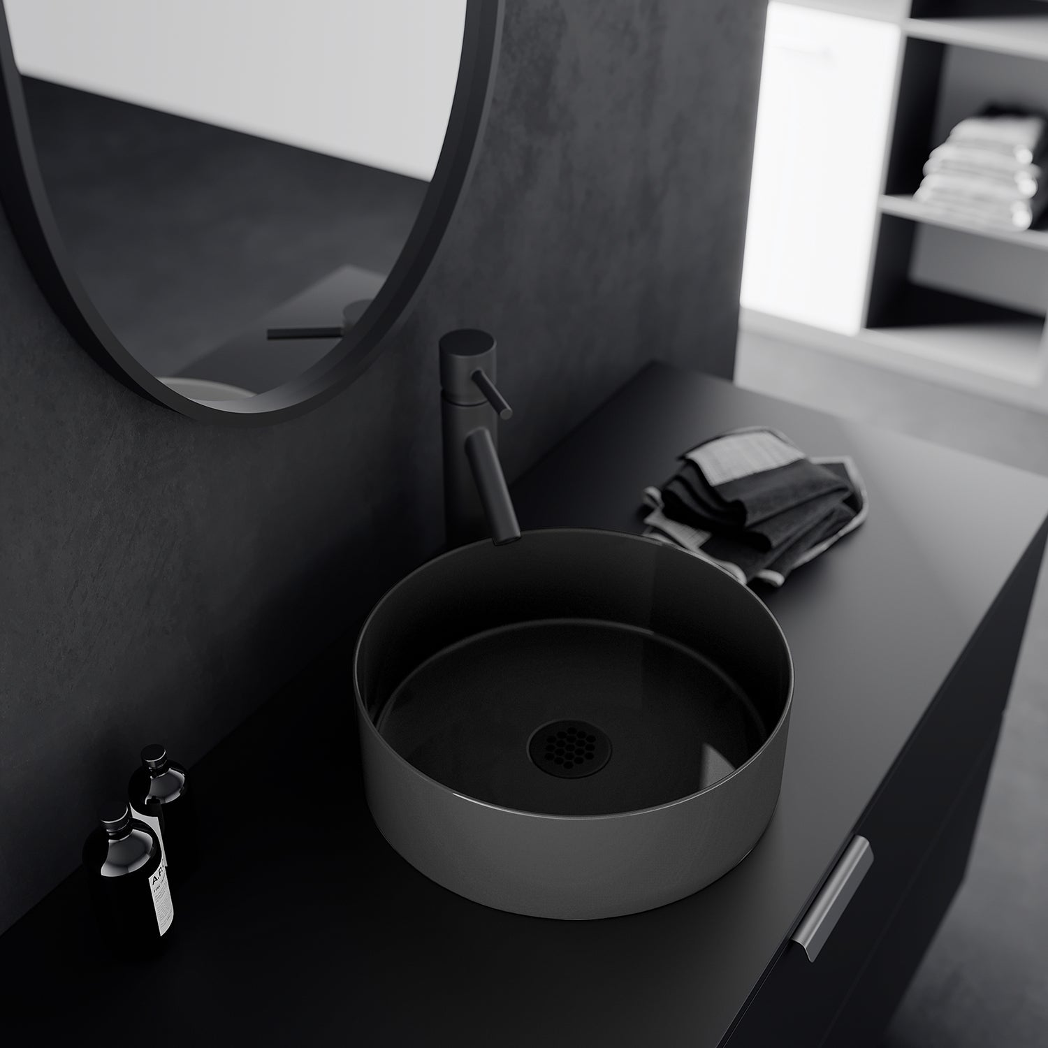 Acritec 36652 Series Ceramic Square Counter-Top Basin, Matte Dark Grey, Lifestyle View
