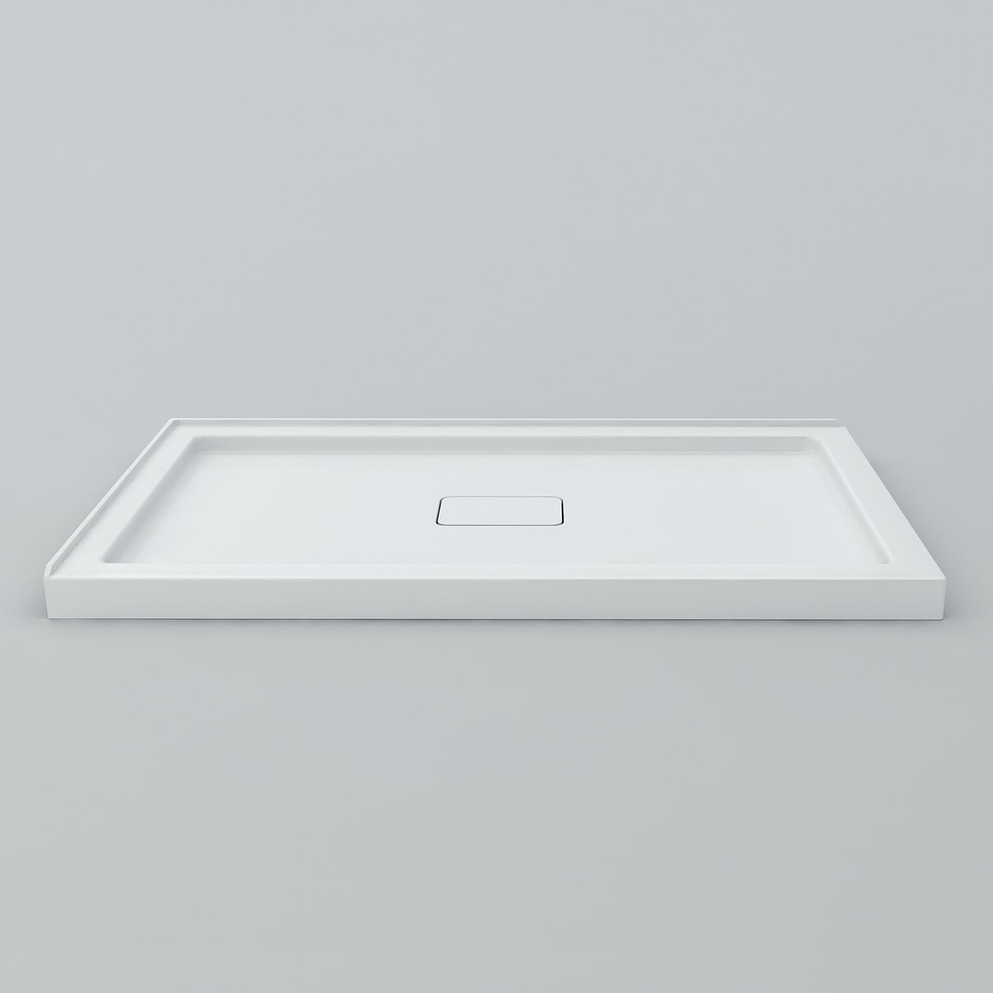 Acritec Covered Drain double threshold shower base in white, with recessed acrylic drain cover, available in multiple sizes and drain configurations