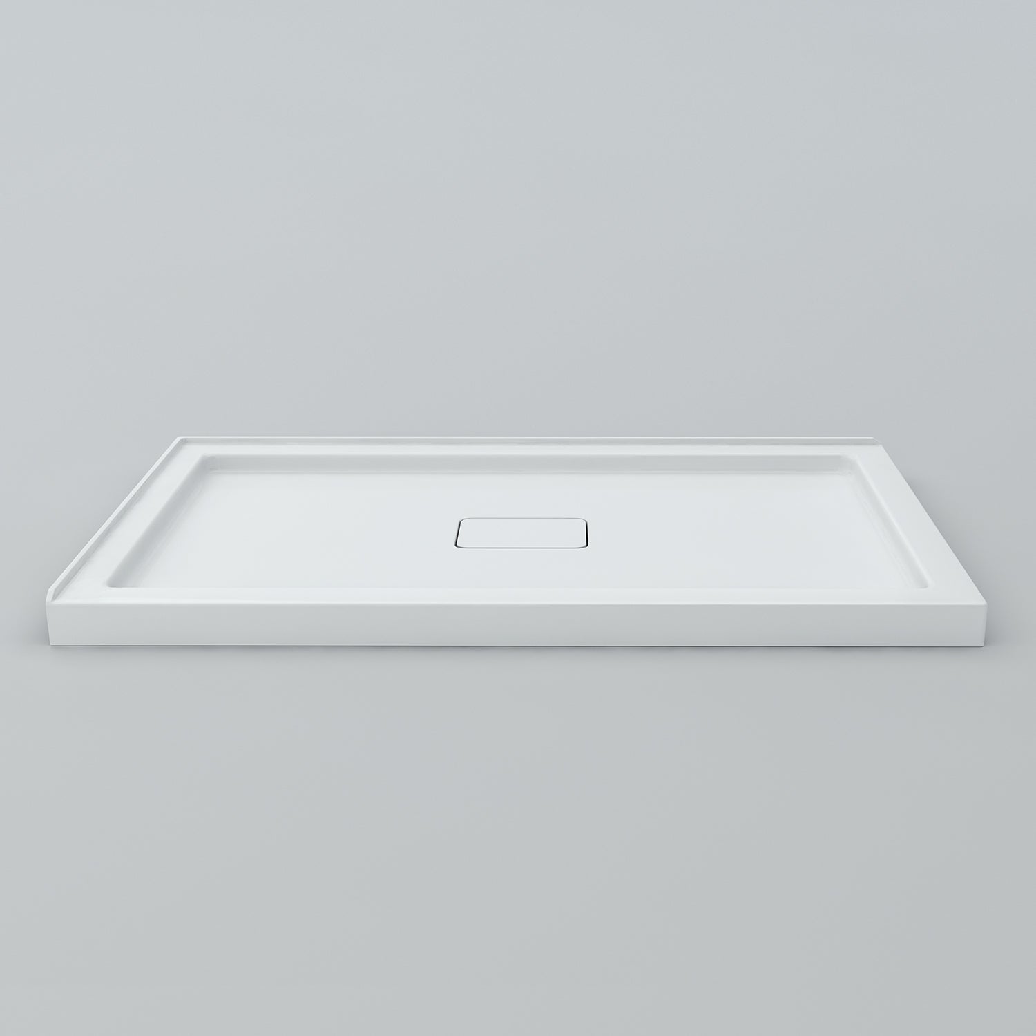Acritec Covered Drain double threshold shower base in white, with recessed acrylic drain cover, available in multiple sizes and drain configurations