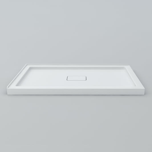 Acritec Covered Drain double threshold shower base in white, with recessed acrylic drain cover, available in multiple sizes and drain configurations