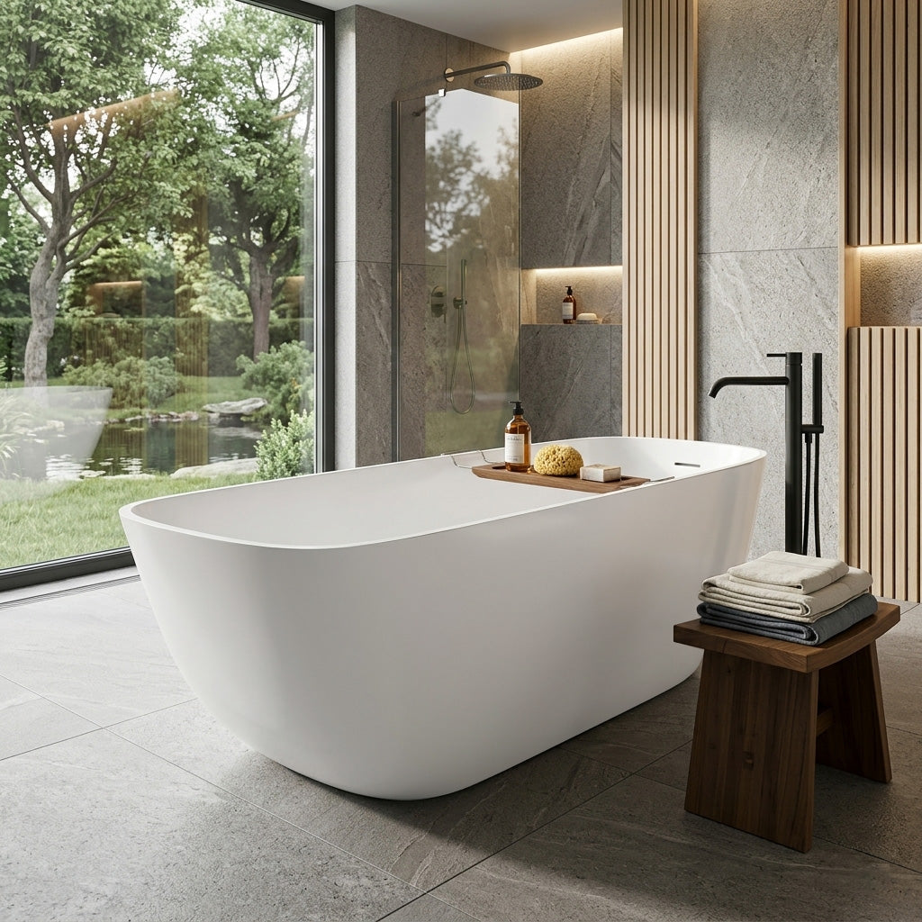 Acritec Delfina 46522 Freestanding Cast Composite Soaker Bathtub 67 x 30-5/8 x 21 in White