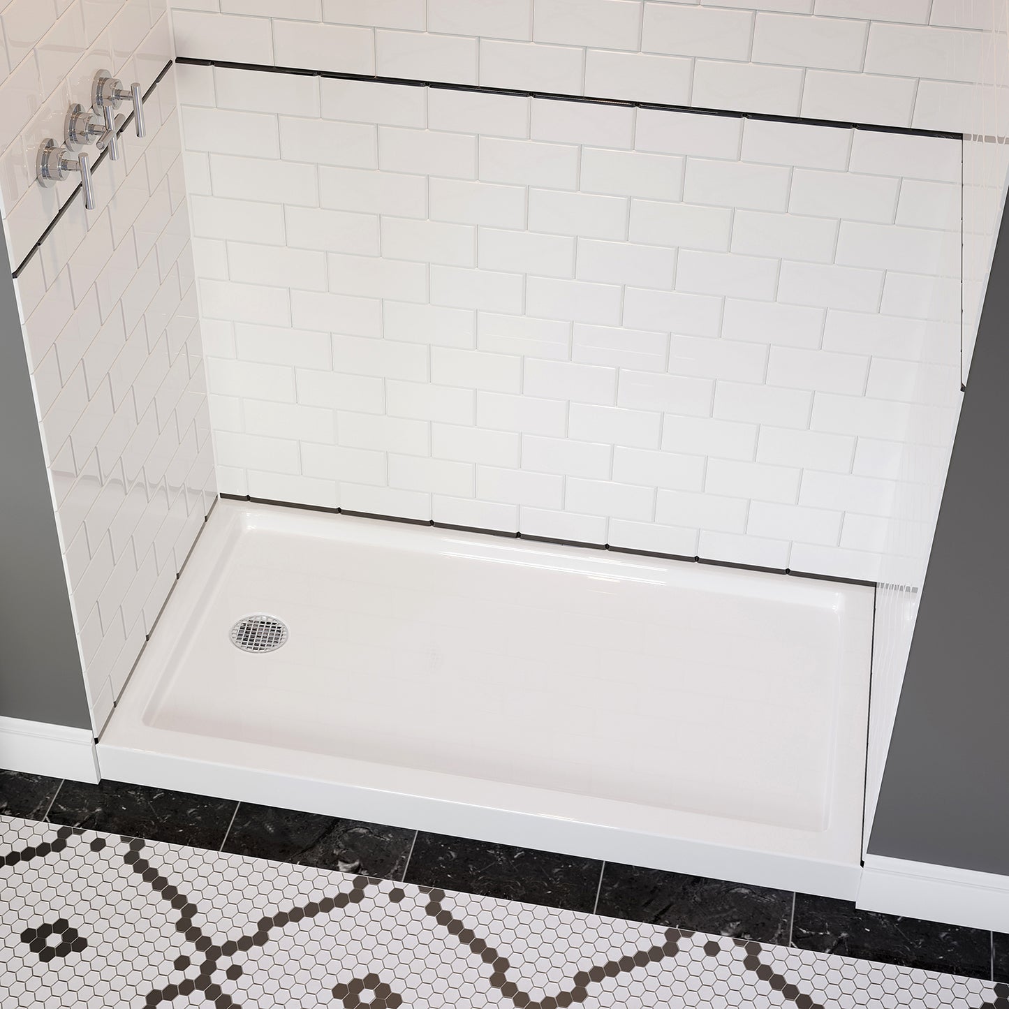 Acritec Low Profile single threshold shower base left-hand end drain detail