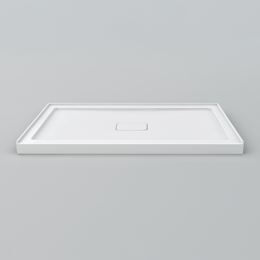 Acritec Covered Drain single threshold shower base in white, recessed acrylic drain cover, available in multiple sizes
