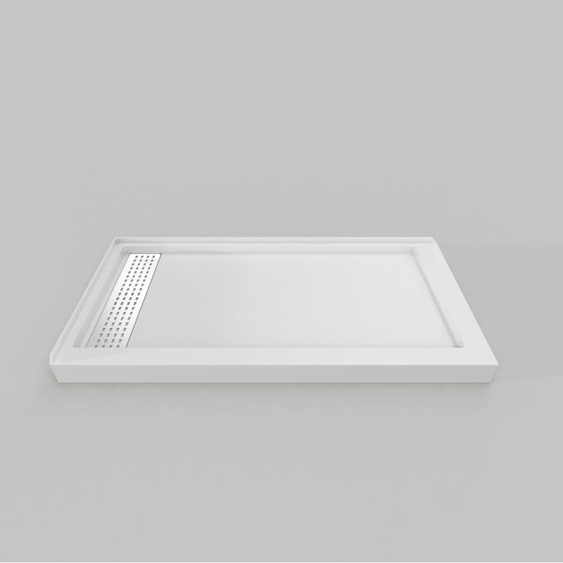 Acritec Linear End Drain double threshold shower base in white, with stainless steel grill, available in multiple sizes with left or right drain