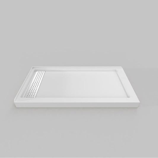Acritec Linear End Drain double threshold shower base in white, with stainless steel grill, available in multiple sizes with left or right drain