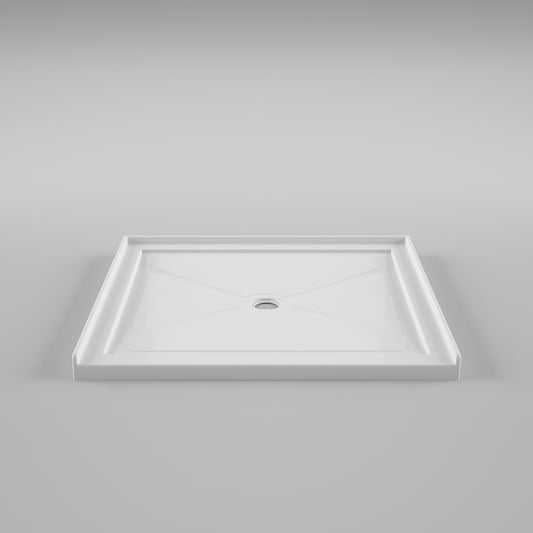 Acritec Minimalist single threshold shower base in white, modern angular design, available in many sizes with center drain